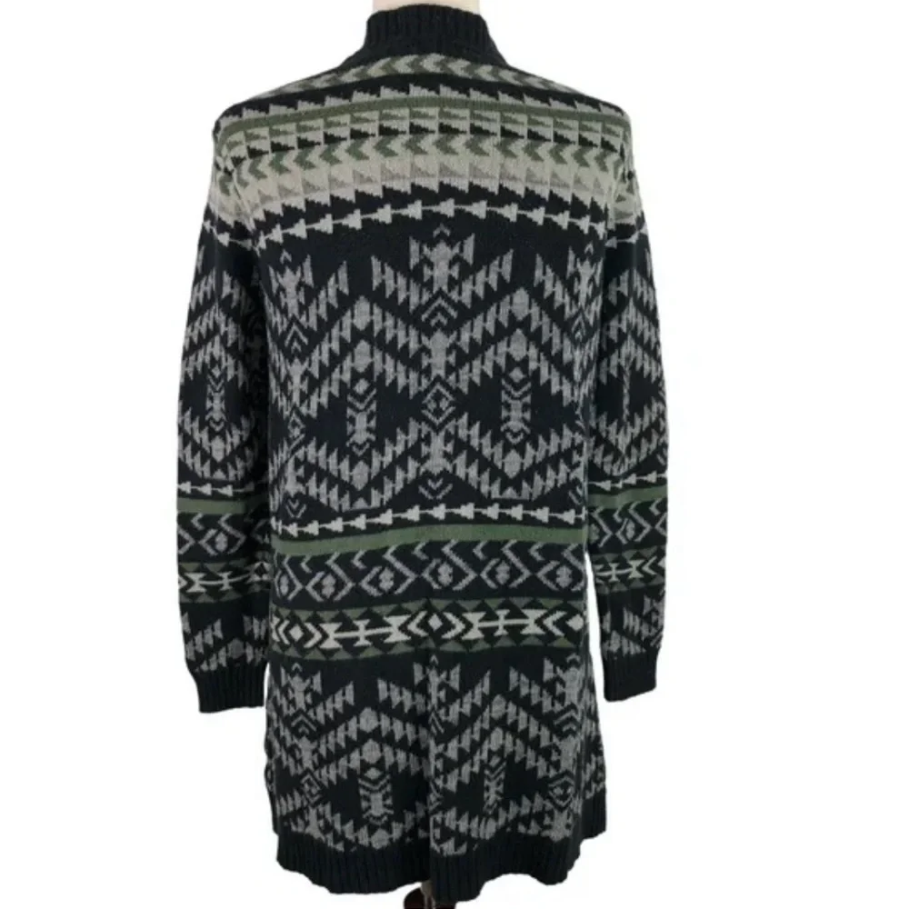 Roxy Aztec Tribal Print Long Line Open Front Boyfriend Cardigan - Green Black